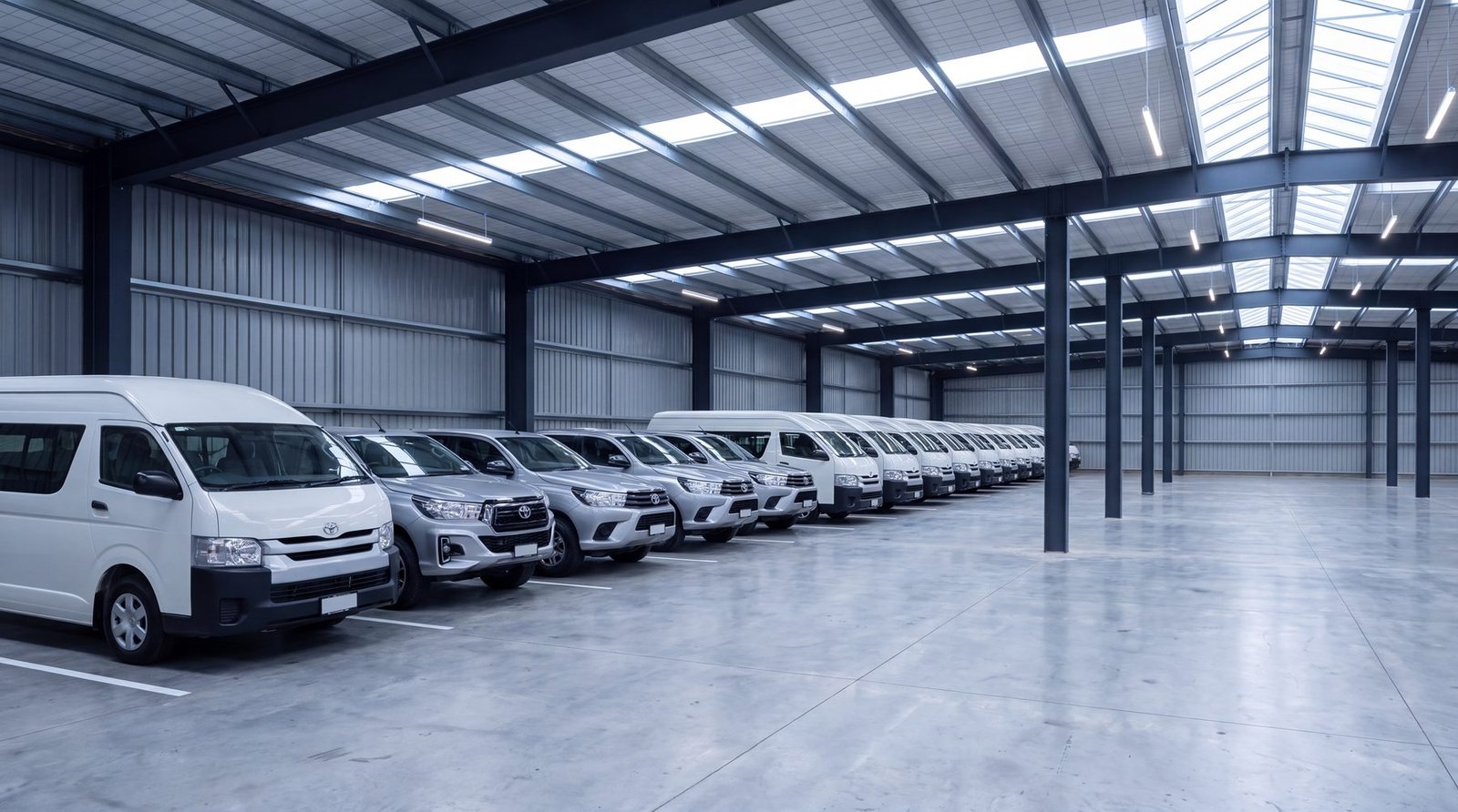 Row of Hiace vans and Hilux utes in the warehouse