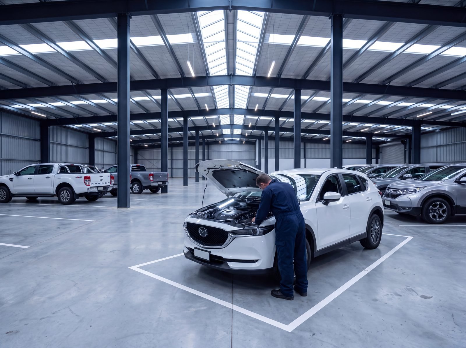 Inspection bay inside the Fusion Capital Motors warehouse